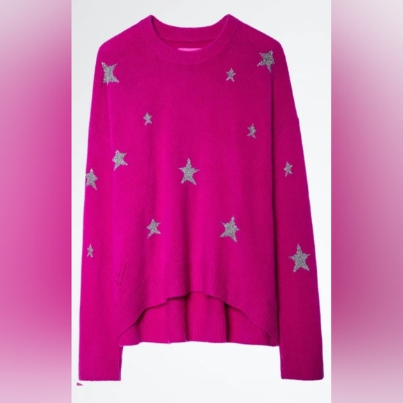 Zadig & Voltaire Markus Stars 100% cashmere celestial stars hot pink size medium - Picture 3 of 11